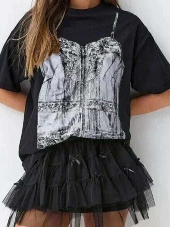 Simons Tops - Corset Print 100% Cotton Oversized T-Shirt